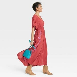 Knox Rose Size XS Clay Orange Boho Maxi Dress with Pink Embroidered Detail